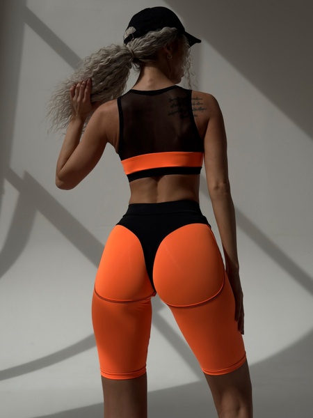 Спортивний жіночий комплект - топ сітка та велосипедки Push-up - помаранчевий XS 501385-4444 фото