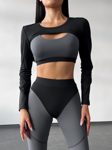 Комплект женский спортивный (лосины, топ и рашгард) - серый M 501469121-2626292 фото
