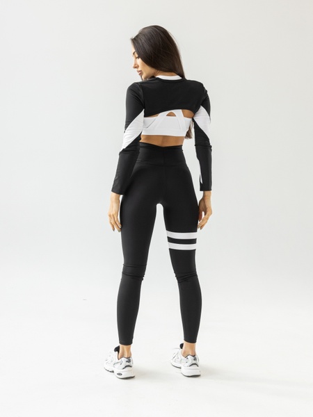 Women's sports set - top, cropped rashguard and striped sweatpants - black-white M 503370121-29132 photo